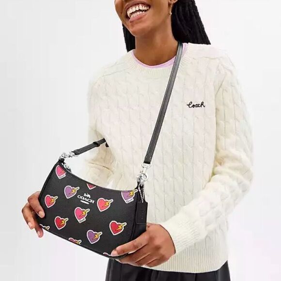 NWT ❤️ Coach CY346 Teri Shoulder Satchel Leather Bag Heart Bolt Print crossbody - Picture 2 of 9